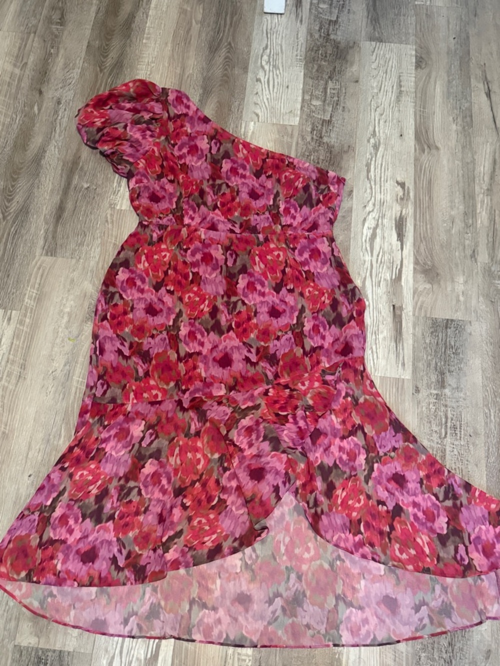 Showpo One Shoulder Floral Ruffle Midi Dress US 14 Plus Pink Purple Occasion
